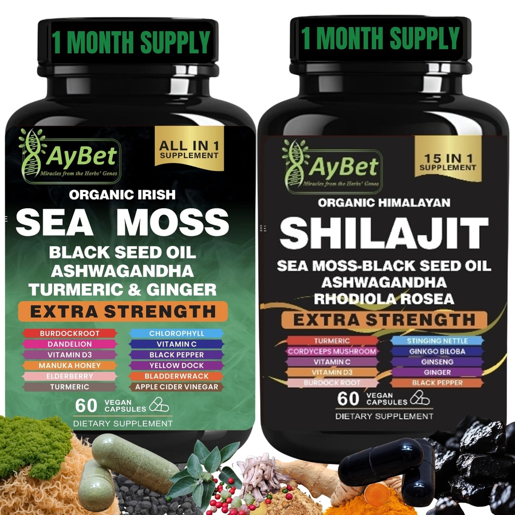Sea Moss Shilajit Combo Bundle Capsule, Black Seed Oil, Ashwagandha, Rhodiola Rosea, Burdock, Turmeric, Ginger, VitC, VitD3, All in One Supplement, 120 Kapseln, Halal, Vegan, USDA Organic