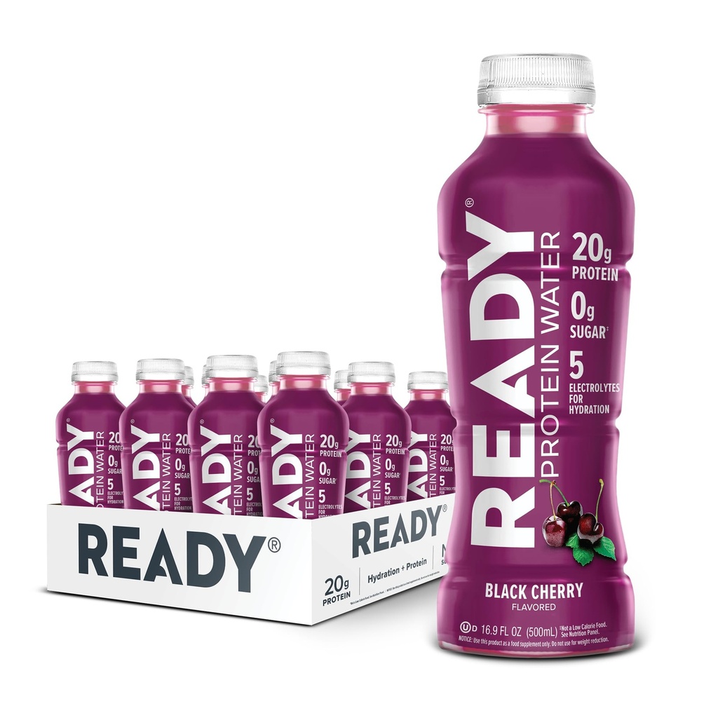 Ready® Protein Water – 20g Whey Protein Isolate, Zero Sugar, Low-Calorie Sports Drink for Hydration & Recovery – Elektrolyte, Essential Amino Acids – Black Cherry, 16.9 fl oz Flaschen (12-Pack)