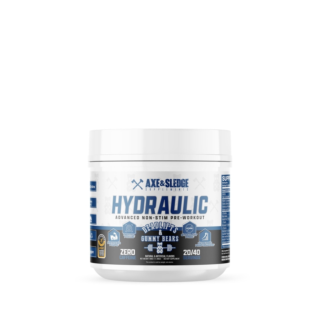 Axt & Schlitten Hydraulisches Stim-Free Pre-Workout-Pulver für Männer & Frauen | Performance, Stamina, Fokus, Pumpen | L-Citrulline, Beta Alanine, Kreatin, Koffeinfrei, Deadlifte & Gummy Bears