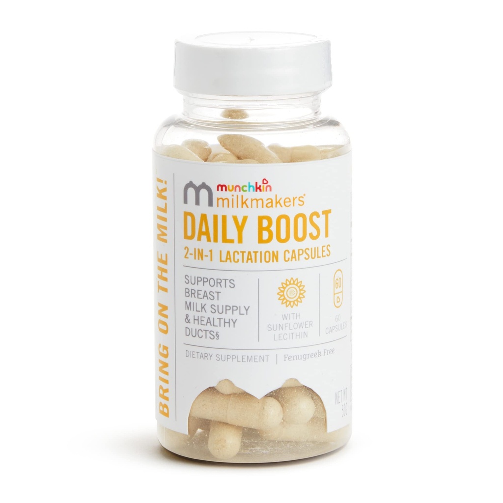 Munchkin® Milkmakers® Daily Boost 2-in-1 Lactation Ergänzungen für Stillen, Pflegen & Pumpen Mütter - Fenugreek Free, 60 Kapseln