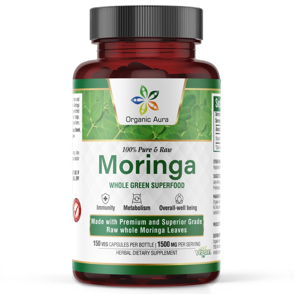 Bio Aura Moringa Blatt Kapseln | 1500mg - 150 HPMC Veg | Ganze Blätter Grün Super Food Nutrition | Natürlich steigert Stoffwechsel, Energie, Gesundheit, & Stamina | 100% reine sichere Moringa |Non GMO.