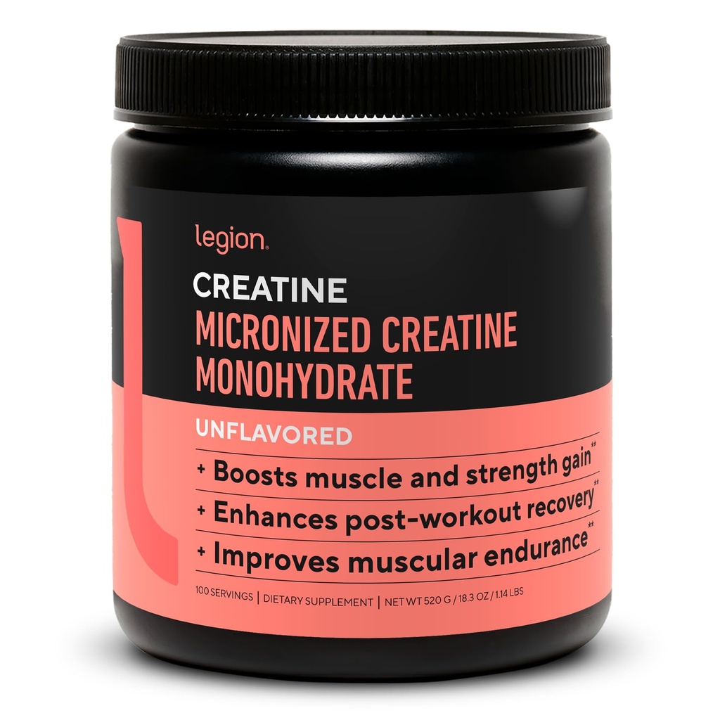 LEGION Micronized Creatine Monohydrat-Ergänzung - Clean Creatine Powder for Muscle Gain & Post Workout Recovery - Mikronisierte Kreatin-Ergänzung für maximale Absorption (100 Servierungen, Unflavored)