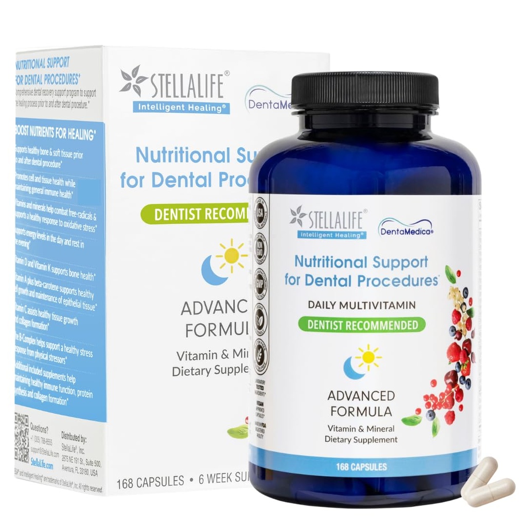 StellaLife DentaMedica Vegan Daily Multivitamin Nutritional Support for Faster Dental Surgery Recovery, VIT D3 K2 C B Zink CoQ10 Magnesium, Gesunde Knochen & Gums, Non-GMO, GMP USA, 168 Kapseln