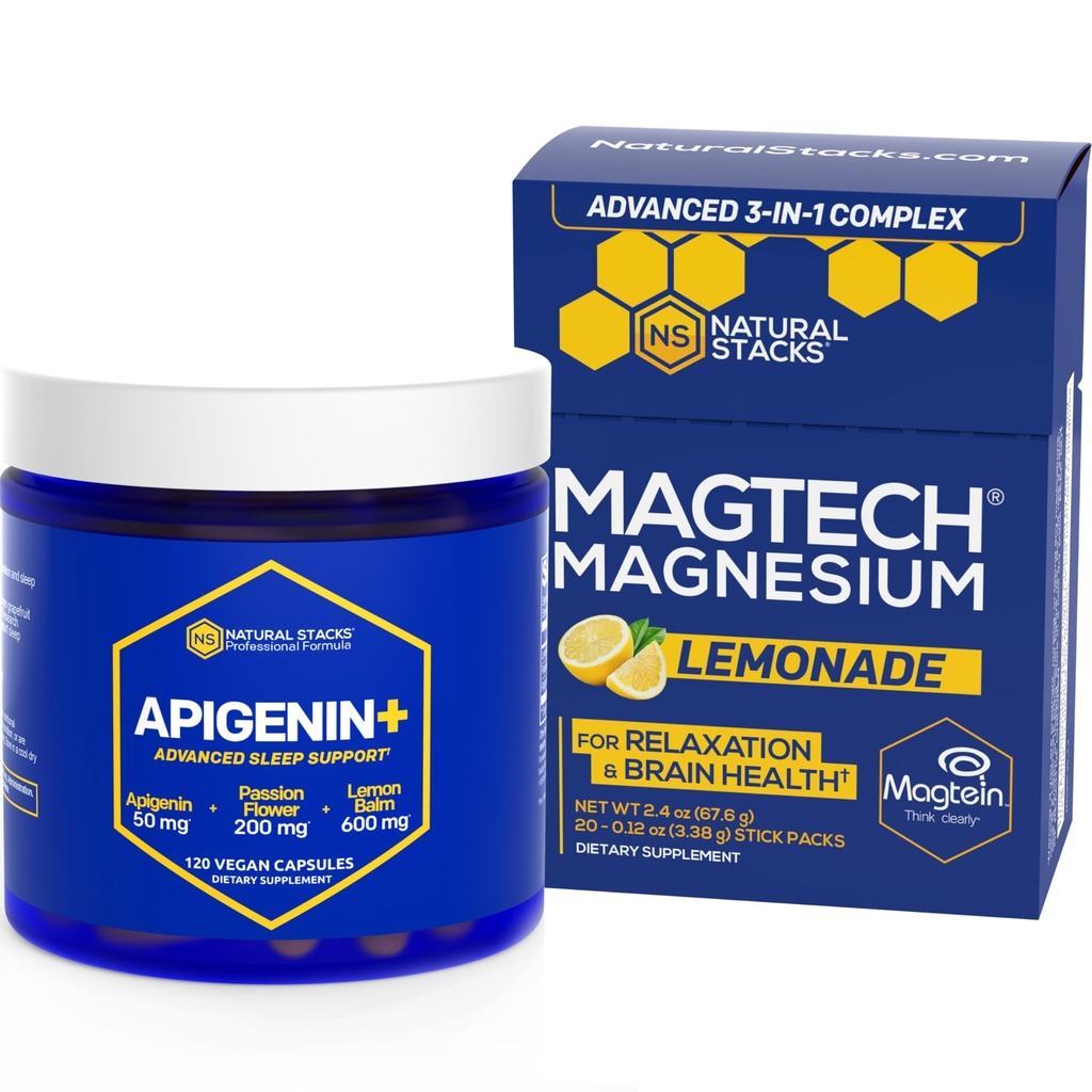 NATURAL STACKS Magtech Magnesium Drink Mix + APIGENIN+ Supplement Bundle - Unterstützt Entspannung, Gehirngesundheit & Schlaf* - 80 Servierungen
