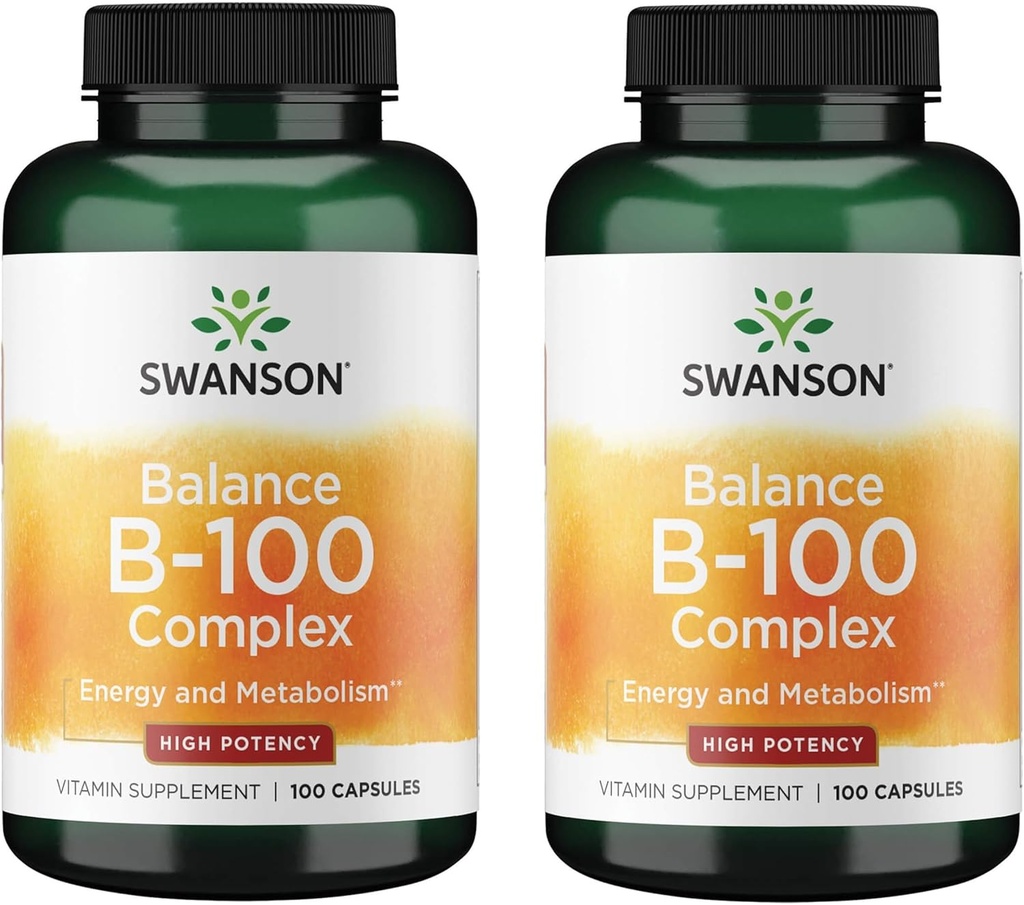 Swanson Vitamin B-100 - Vitamin-Ergänzung Förderung von Energie und Stoffwechsel - Hohe Potenz Formel Unterstützung Herzgesundheit, Gehirngesundheit & Nervous Funktion - (100 Kapseln) (2 Packung)