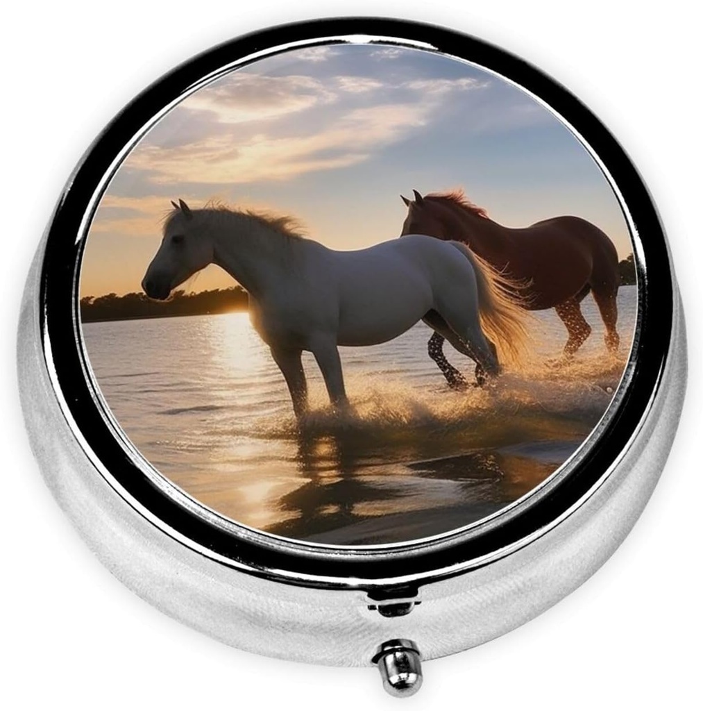 Sunsets Lake Horses Drucken Runde Pille Box 3 Kompartment Medizin Pille Case Tragbare Pille Container für tägliche Medizin Ergänzung Vitamin