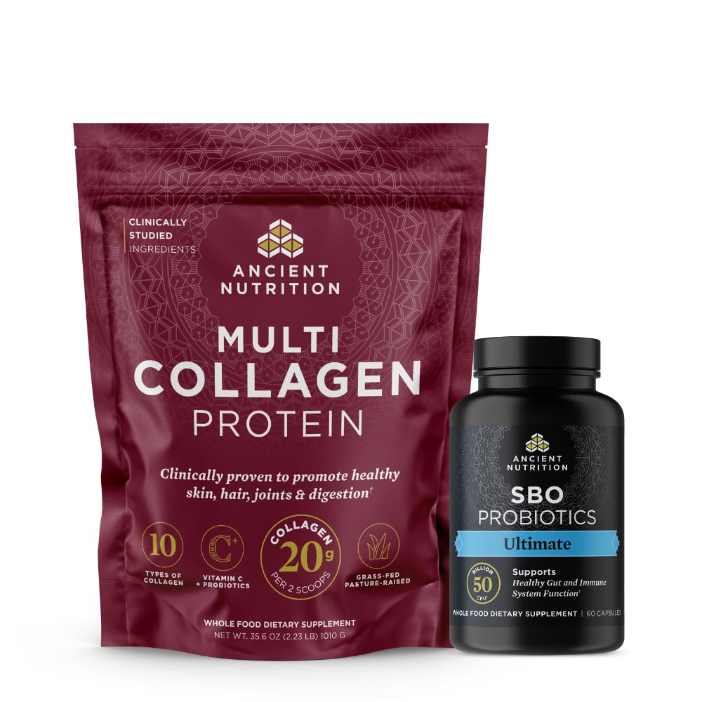 Ancient Nutrition Multi Collagen Protein Powder, Unflavored, 100 Servings + SBO Probiotics, Ultimate, 60 Capsules