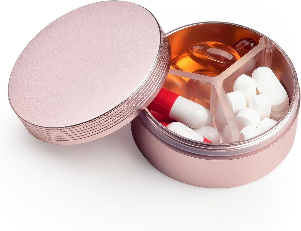Small Pill Case 3 Komponenten, Metall Runde tragbare Pille Box, Wasserdichte Reise Pille Organizer, Pocket Purse Medizin Vitamin Holder EDC Container (Rose Gold)