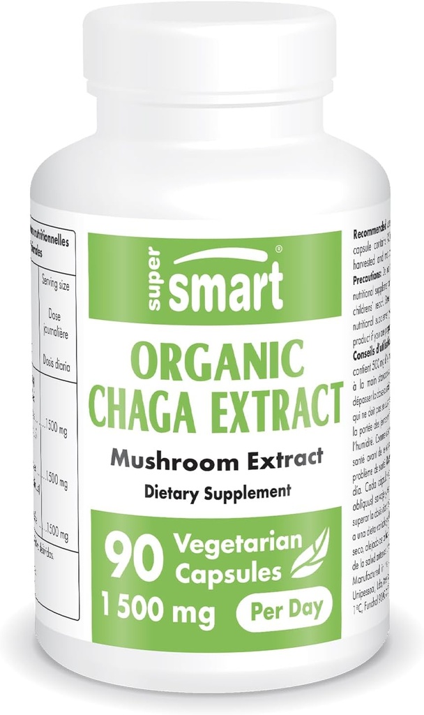SuperSmart Organic Chaga Extract 1500mg pro Tag (High Strength) - Wild & Hand gepflückt Chaga Pilze Supplement | Non-GMO & Gluten Free - 90 Vegetarische Kapseln