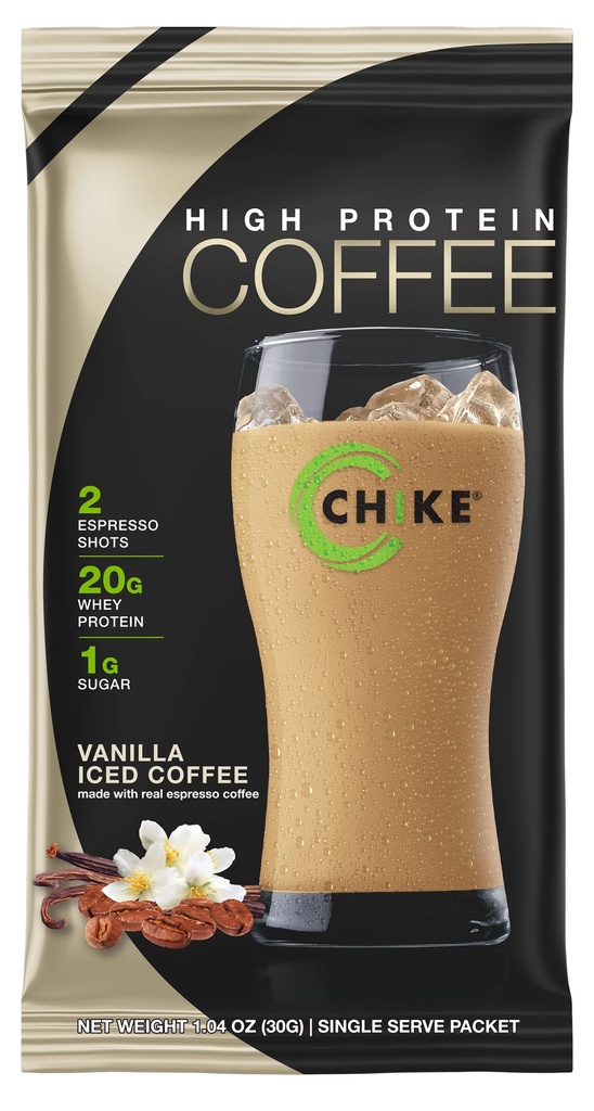 CHIKE Vanilla High Protein Iced Coffee, 20 G Protein, 2 Schüsse Espresso, 1 G Zucker, Keto Friendly und Glutenfrei, 12 Single Serve Packets