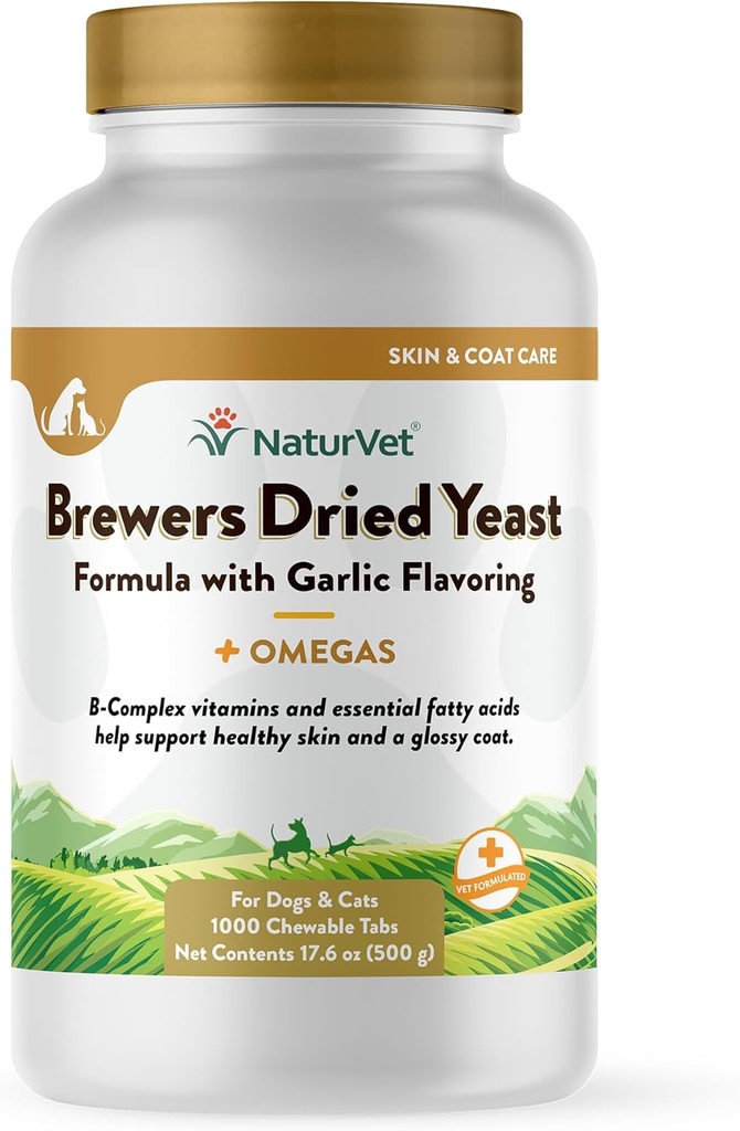 NaturVet – Brauer getrocknete Hefe-Formel mit Knoblauch Flavoring – Plus Omegas | Reich an Omega-3, 6 & 9 Fettsäuren | Fortified with B1, B2, Niacin & Vitamin C | für Hunde & Katzen | 1000 Kautabletten