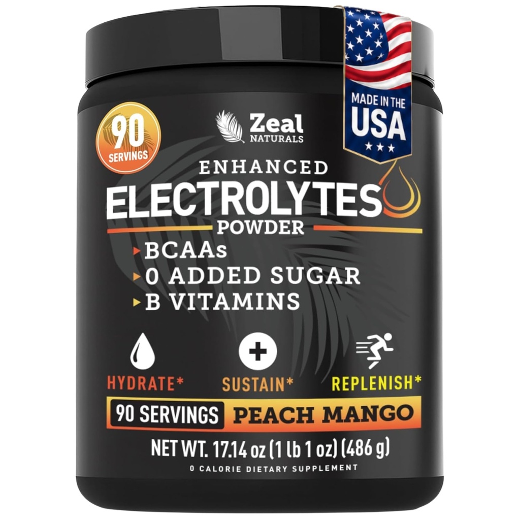 Zeal Naturals Elektrolyt Pulver Erholungsgetränk (90 Servierungen | Peach Mango) w 0 Zucker + BCAAs +B-Vitamine Elektrolyt Ergänzung mit Kalium Zink & Magnesium für Hydration - Keto Elektrolyte