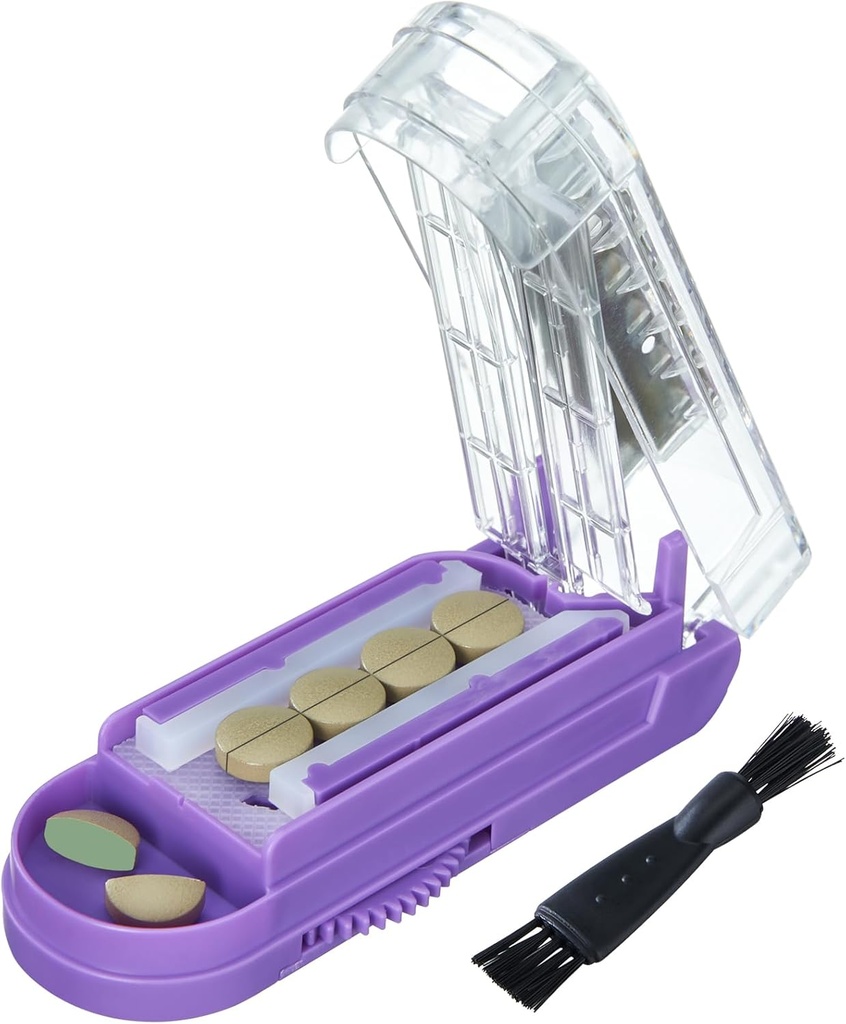 Pille Cutter für mehrere Pillen in einer Zeit, Pille Cutter Splitter für kleine und winzige Pillen, Pille Cutter für kleine oder große Pillen, Pille Splitter mit verstecktem Sharp Edelstahl Klinge (Purple+Clear)
