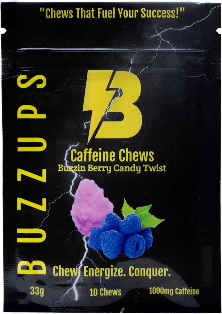 BuzzUps Koffeingummis – 100mg Koffein pro Gummy, Buzzin Berry Twist Flavor, 1000mg Gesamt pro Pack, Energieergänzung für Laufen, Radfahren, Gaming, Endurance Sports (30 Gummis, 3-Pack)