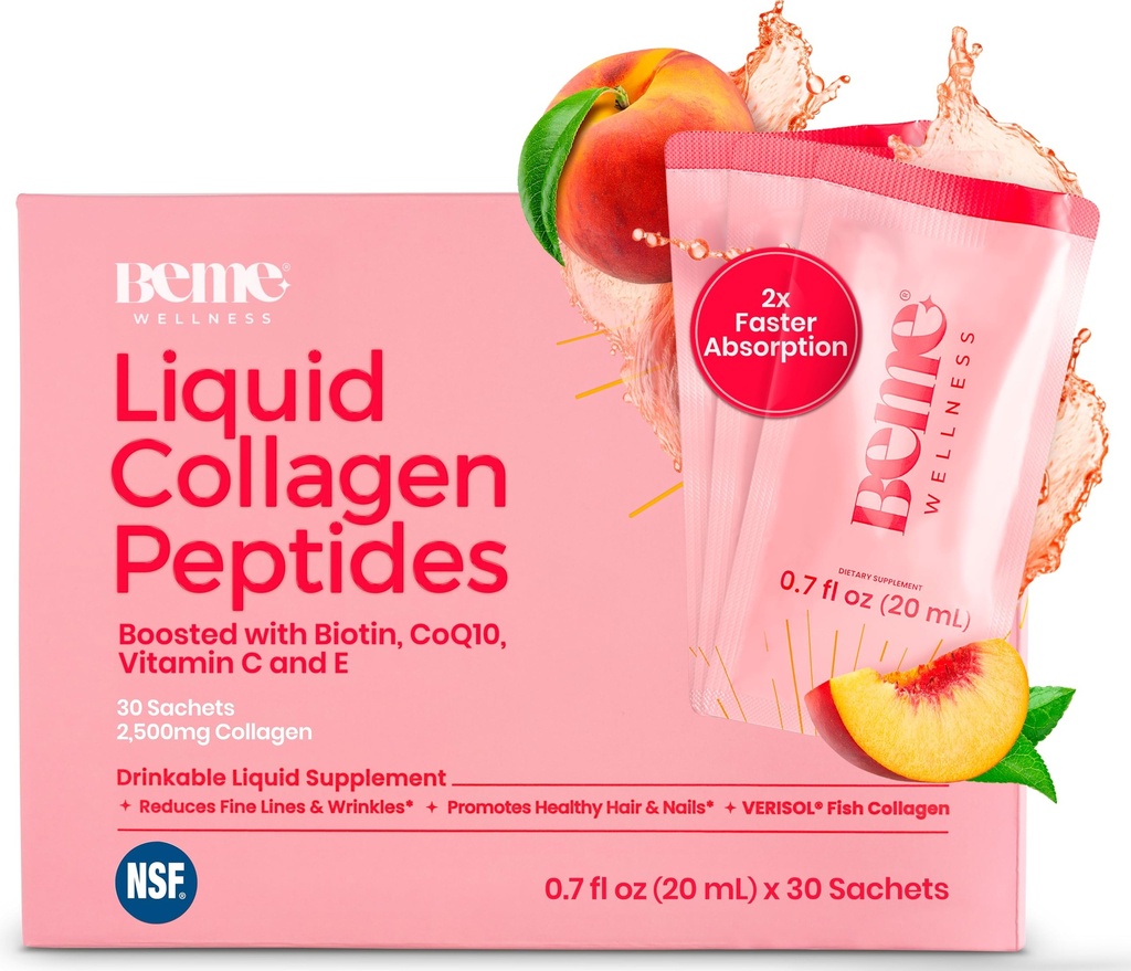 BeMe BeRadiant Liquid Collagen Peptide für Haare, Haut und Nägel mit 2X schnellerer Absorption – Klinisch getestet – 2500mg Verisol® hydrolysierte Collagen Ergänzungen für Frauen mit Biotin, CoQ10 & Vitamin C