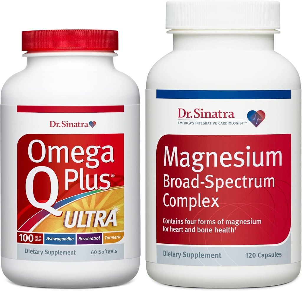 Dr. Sinatra Omega Q Plus Ultra mit 100 mg CoQ10 und stressreduzierender Ashwagandha Plus Magnesium Broad-Spectrum Complex Ultimate Heart Health Bundle | Advanced Cardiovascular Support