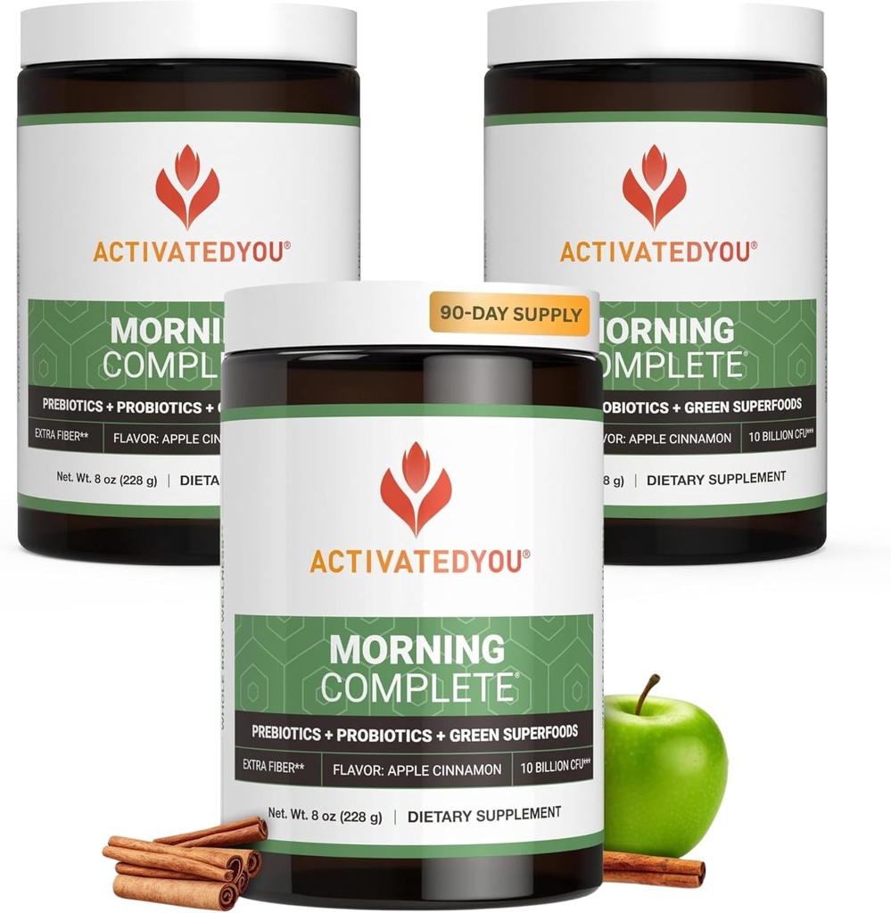 ACTIVATEDYOU Morning Complete Daily Wellness Greens Superfood Drink Mix für Gut Health w/Prebiotics, Probiotics, Antioxidantien, Green Superfoods, 10 Billion CFUs (3 Pack, Apple Cinnamon)