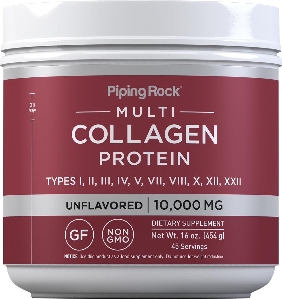 Piping Rock Multi Collagen Protein Pulver | 16 oz Unflavored | Typ I II III V X | 10000mg Peptide Complex Supplement für Männer und Frauen | Glutenfrei, Non-GMO-Ergänzung