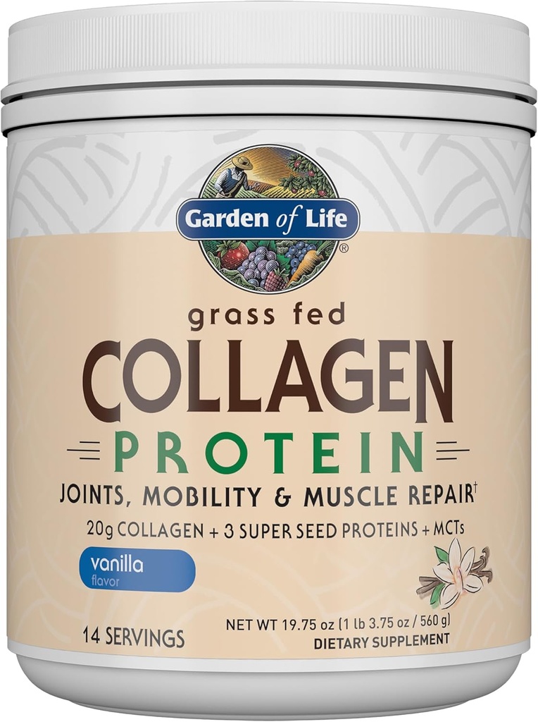 Garten des Lebens Gras Fed Collagen Protein Powder - Vanille, 14 Servierungen, Pulver für Gelenke Mobilität Muskelreparatur, Collagen Peptides + Super Seeds + Coconut MCT, Keto Supplement