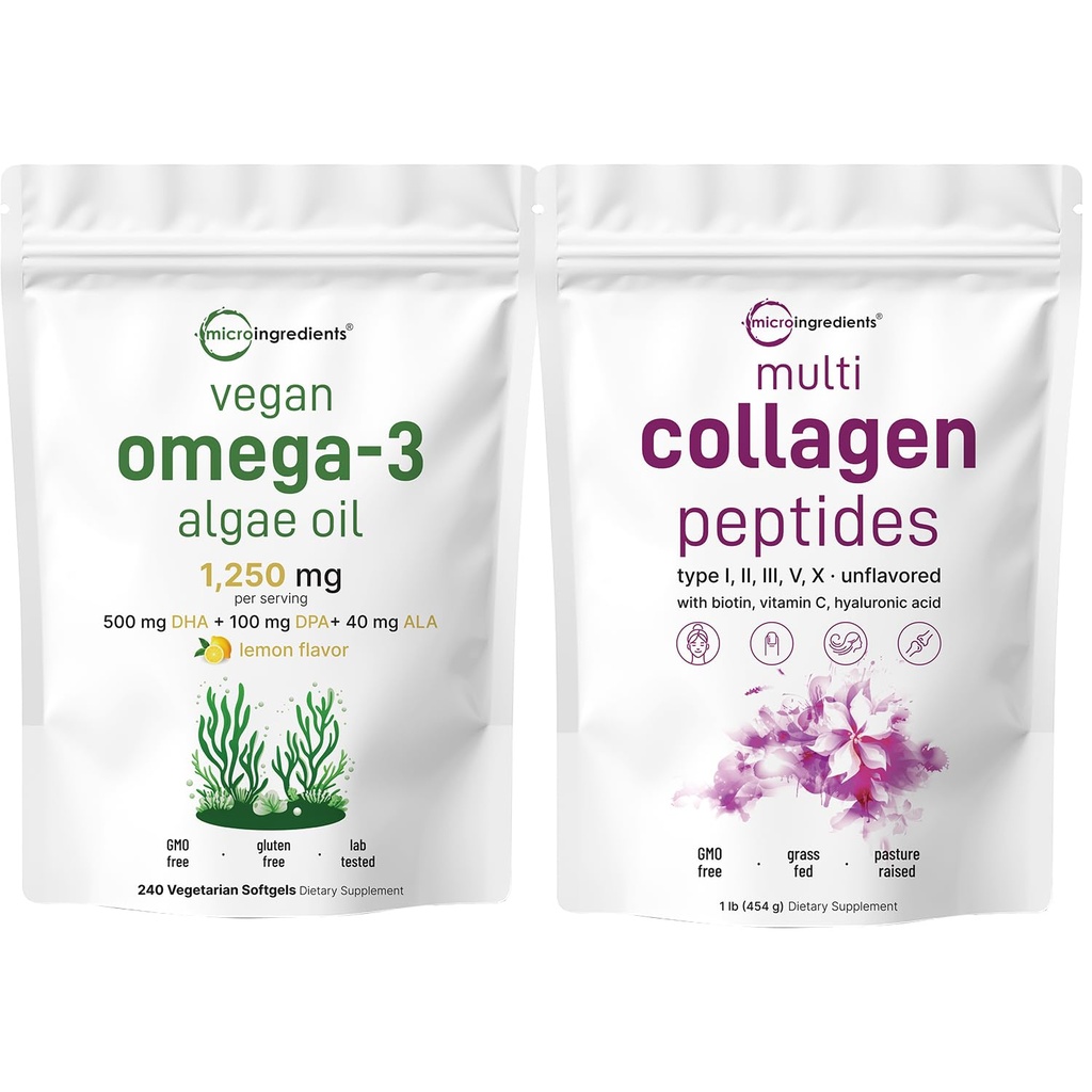 Micro Ingredients Multi Collagen Protein Powder 16oz & Vegan Omega 3 Algen Öl Supplement Bundle 2 Pack | Gras-Fed Collagen Peptide | Omega-3 Full Spectrum Alternative zu Fischöl
