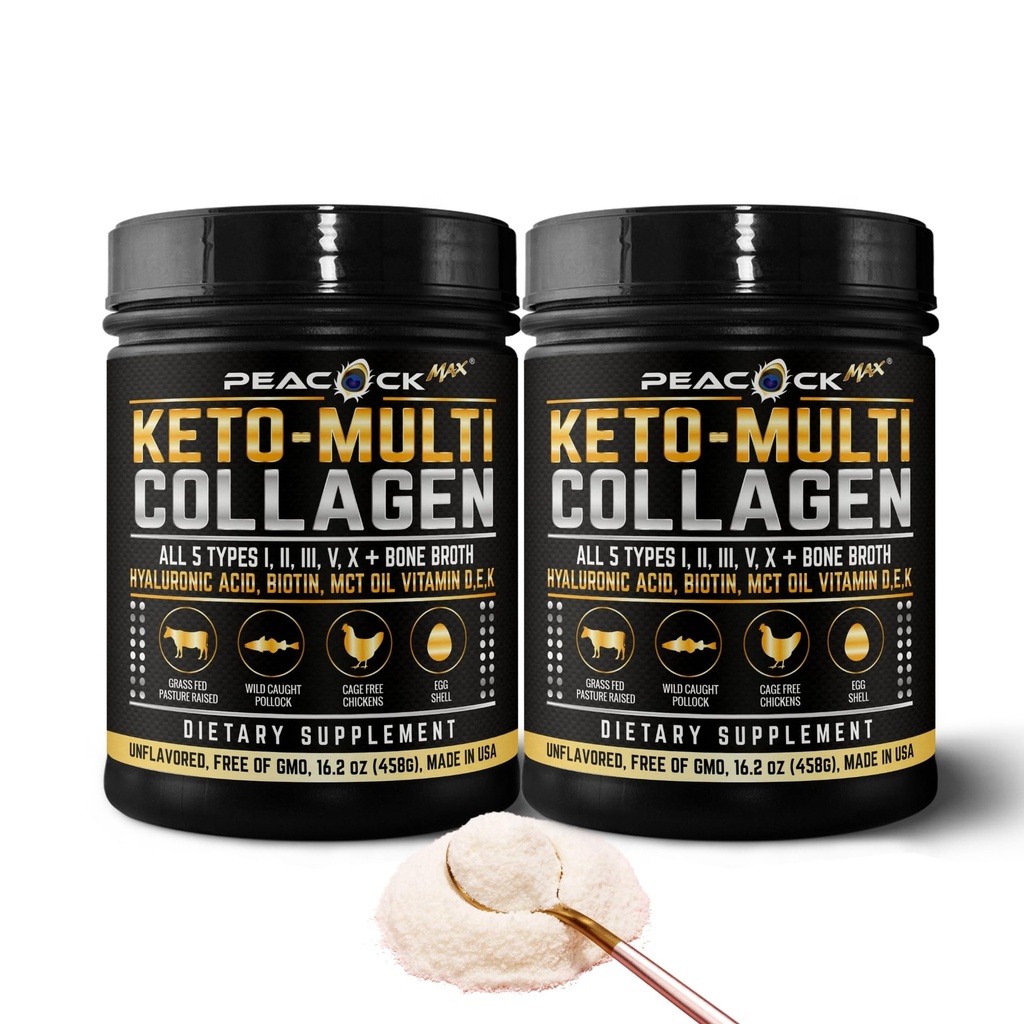 Keto Multi Collagen Peptide 16.2 Unze, Packung mit 2 - Knochen Broth Protein, 5 Arten hydrolysiertes Kollagen, MCT Öl, Unflavored Protein Pulver für Gelenk, Haut, Haar & Gut Gesundheit