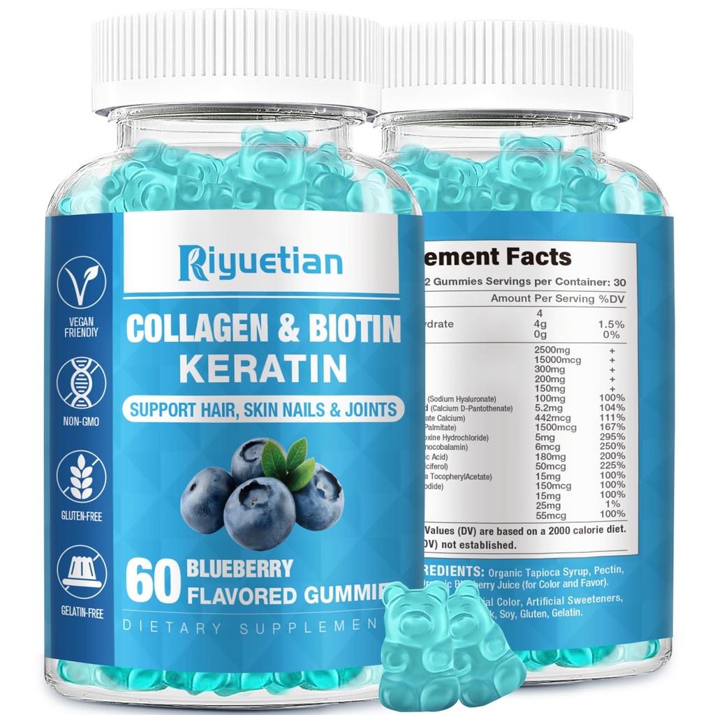 Biotin Gummis 15000mcg mit Kollagen für Erwachsene Frauen & Männer - Haar, Haut & Nails Gummis mit Biotin - Kollagen für Frau - Vegan, Non-GMO, Haar Vitamine - 60 Count, 1 Pack