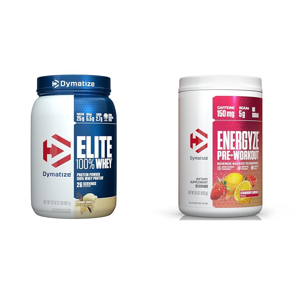 Dymatize Whey Protein und Pre Workout Combo, Elite 100% Whey Protein Pulver Gourmet Vanille 26 Servieren, Energyze Pre Workout Pulver für Männer und Frauen Erdbeer-Lemonade Flavor 30 Servierungen