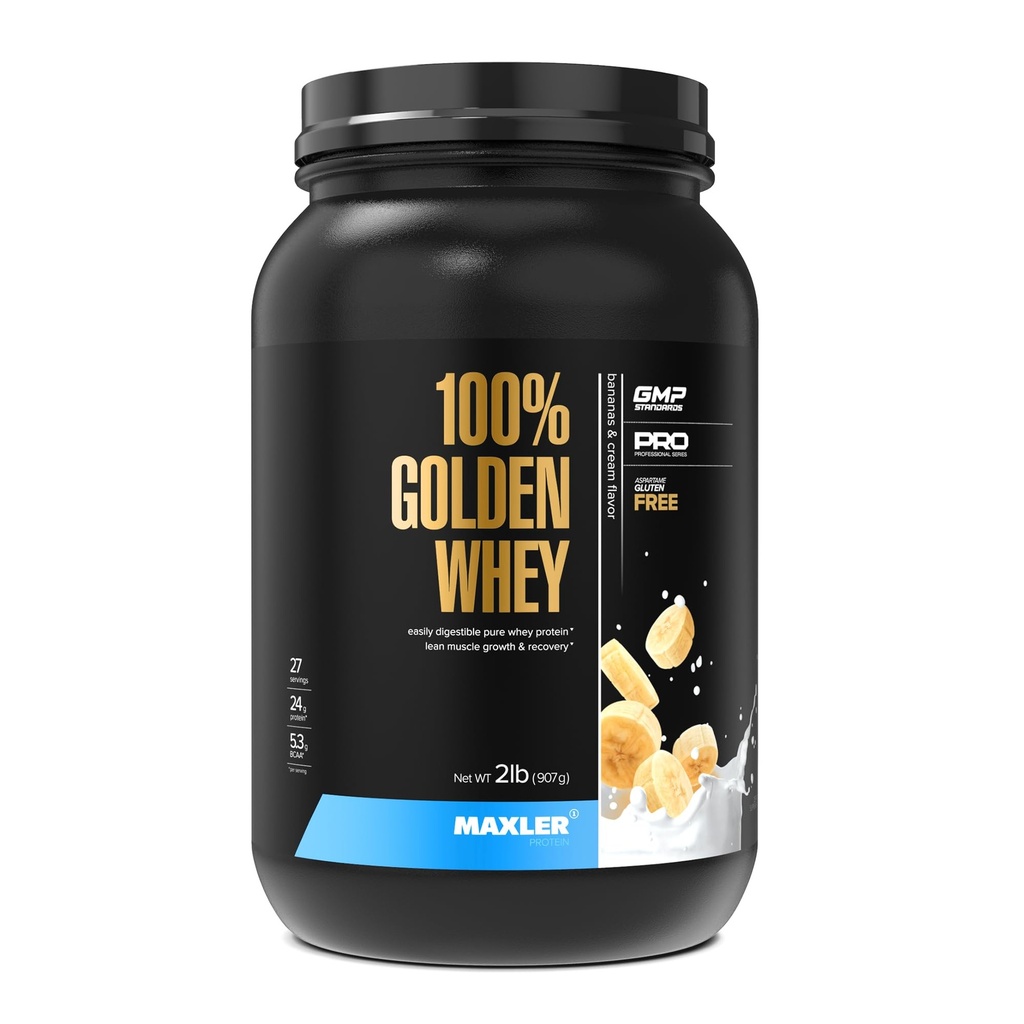 Maxler 100% Golden Whey Protein - 24g Protein per Serving - Premium Whey Protein Powder for Pre Post Workout - Schnell-Absorbierende Whey Konzentrat, Isolate & Hydrolysate Blend - Bananas & Cream 2 lb