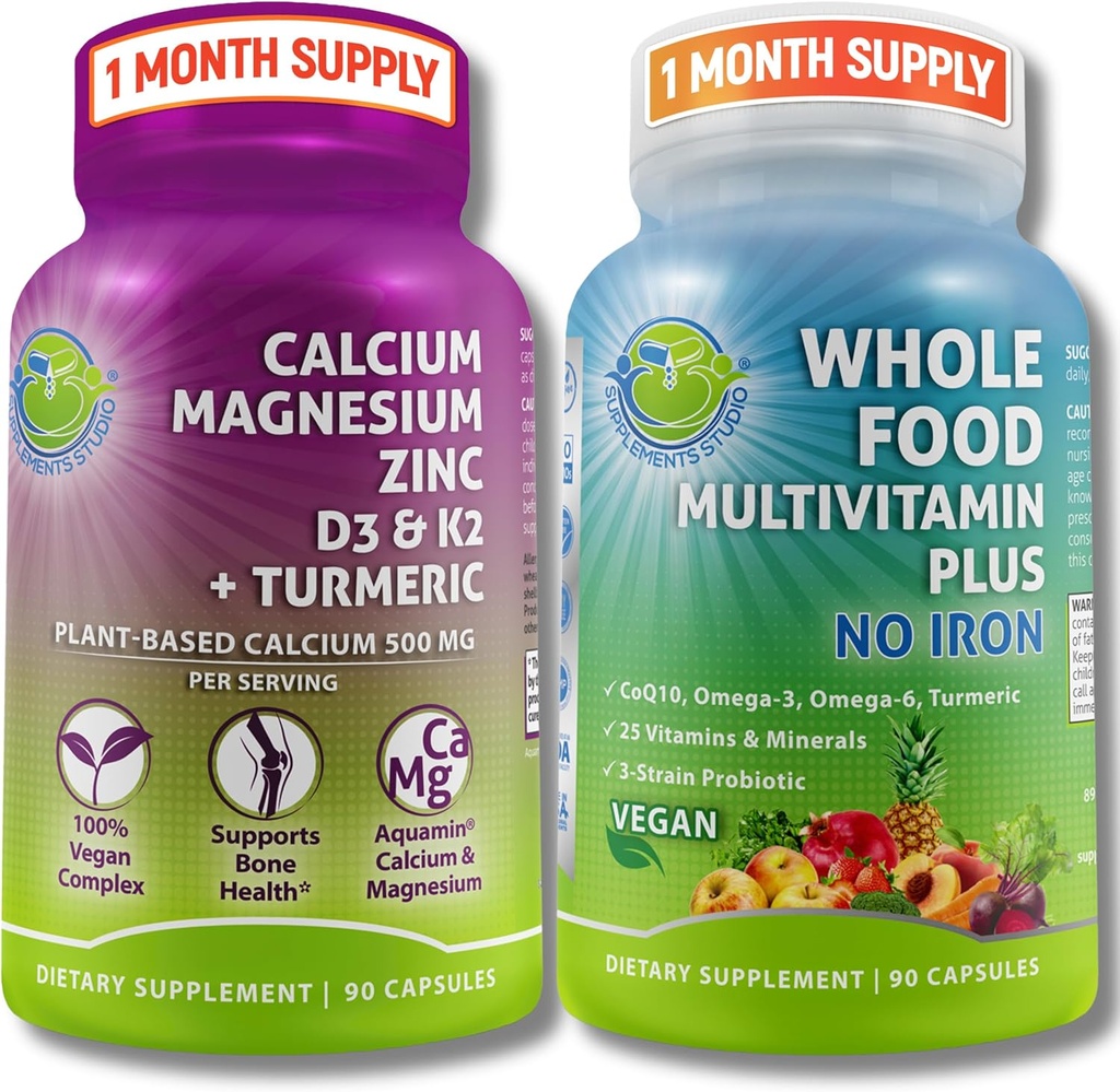 SUPPLEMENTS STUDIO Daily Immune, Bone & Energy Support Duo for Men & Women – Vegan Whole Food Multivitamin Without Iron & Plant-Based Calcium Magnesium with D3, K2 & Turmeric – Vegan, Non-GMO