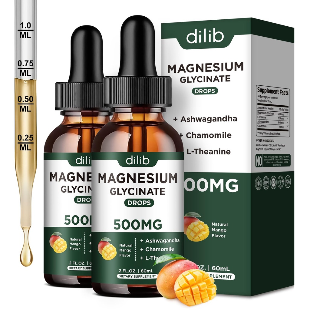 Magnesium Glycinate Liquid Drops Supplement, mit Magnesium Glycinat 500mg Ashwagandha, L - Theanin, Kamille -Unterstützung Stress Relief, Knochen, Muskel, Mood Mango Flavor 2Pack