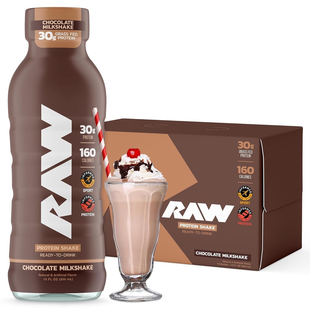 RAW Ready-to-Drink Protein Shake, Schokolade - RTD Protein Drinks mit Grass-Fed Whey Protein Isolate für Post-Workout - Zero-Sugar & Gluten-Free Meal Ersatz Getränke &amp; Frühstück Shake, 12 Fl Oz