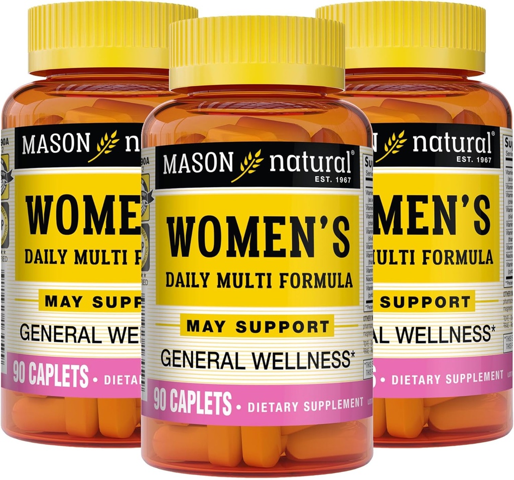 MASON NATURAL Women's Daily Multi Formula mit 21 essentiellen Vitaminen und Nährstoffen, unterstützt allgemeine Wellness und allgemeine Gesundheit, 90 Caplets (Pack mit 3)