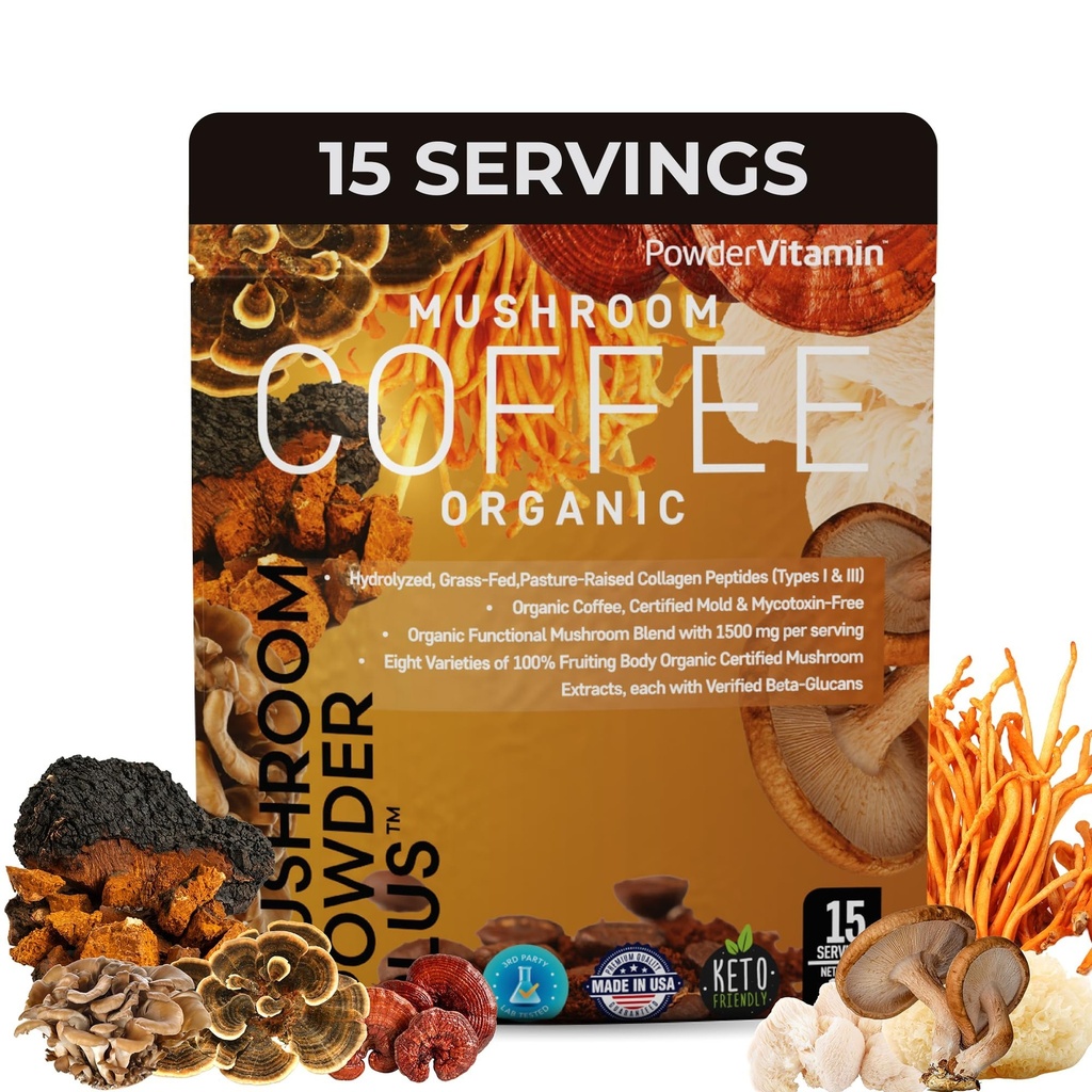 PowderVitamin Bio Pilz Kaffee zertifiziert Mold & Mycotoxin Kostenlose GrassFed Collagen Arten I & III 8 Fruchtkörper Pilze getestet für BetaGlucans Fokus Energie Verdauung &amp; Immunität 15 Servierungen