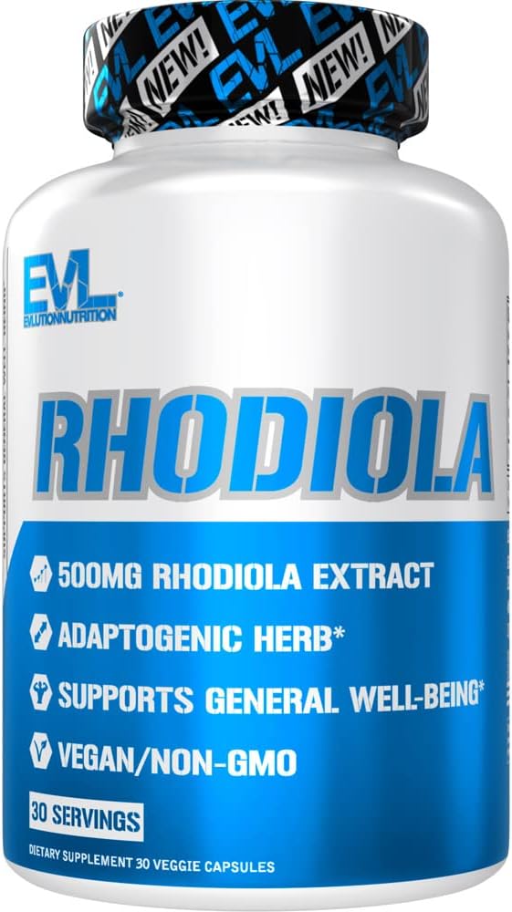 Herbal Adaptogen Rhodiola Rosea Kapseln - 500mg Rhodiola Ergänzung für Fokus Energie und Stimmung Unterstützung - EVL Calming Stress Supplement mit Gehirn Fokus Vitamine für Erwachsene - 30 Vegan Kapseln