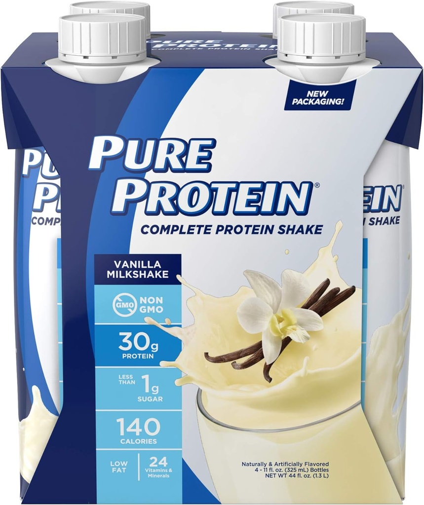 Pure Protein Vanilla Protein Shake | 30g Complete Protein | Bereit zu trinken und Keto-Friendly | Vitamine A, C, D und E plus Zink zu unterstützen Immungesundheit | 11oz Flaschen | 4 Pack