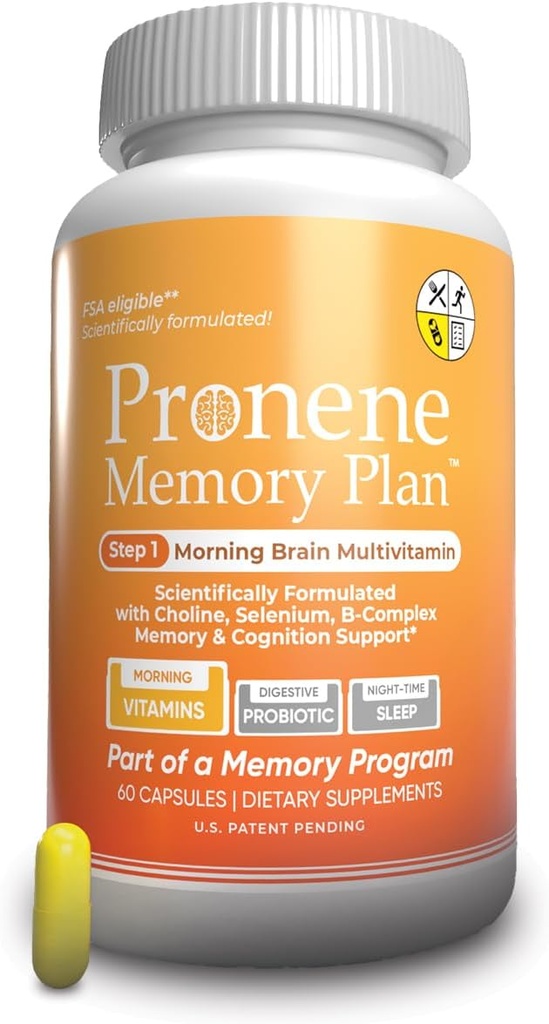 PRONENE Memory Plan (60 ct) Morgen Brain Multivitamin | Nootropic Supplement w/Choline, Selen, Resveratrol, D, & B Vitamine | Fortgeschrittene Nährstoffe unterstützen Gehirn, Immunität und Gedächtnis.