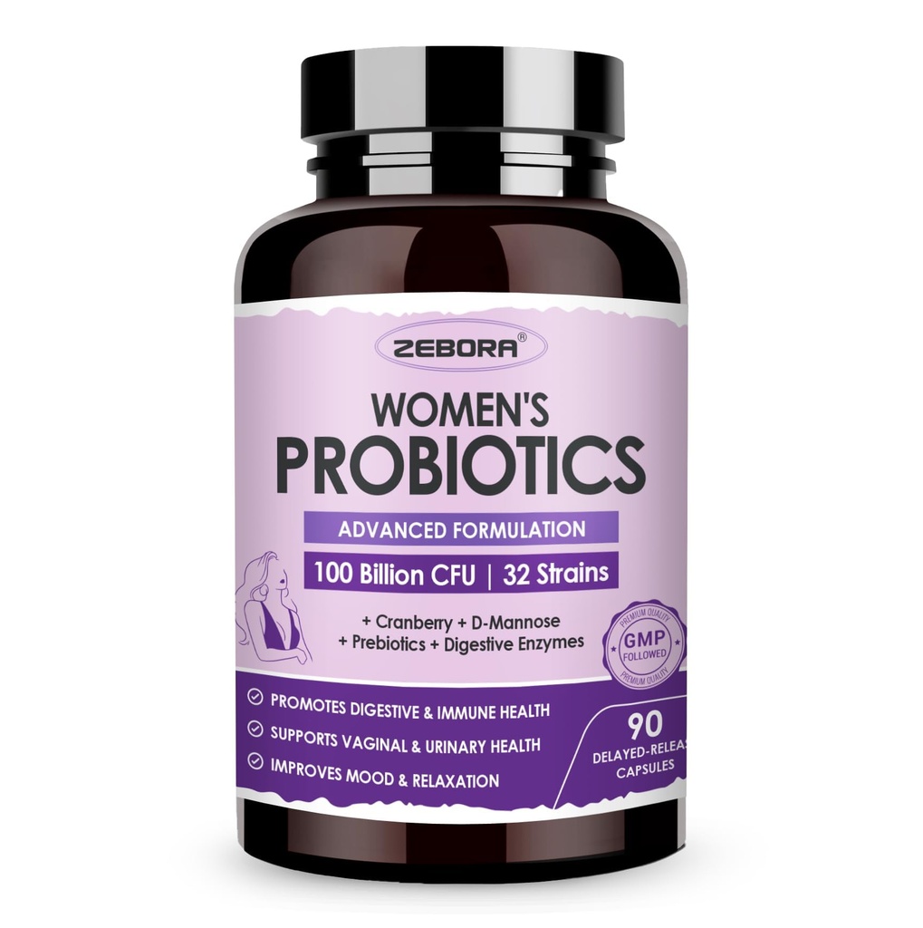ZEBORA Probiotics for Women Digestive Health with Enzymes & Prebiotics 100 Billion CFUs| Vaginal Probiotics with D Mannose & Cranberry | Urinary Tract Health | Immununterstützung, 90 Kapseln