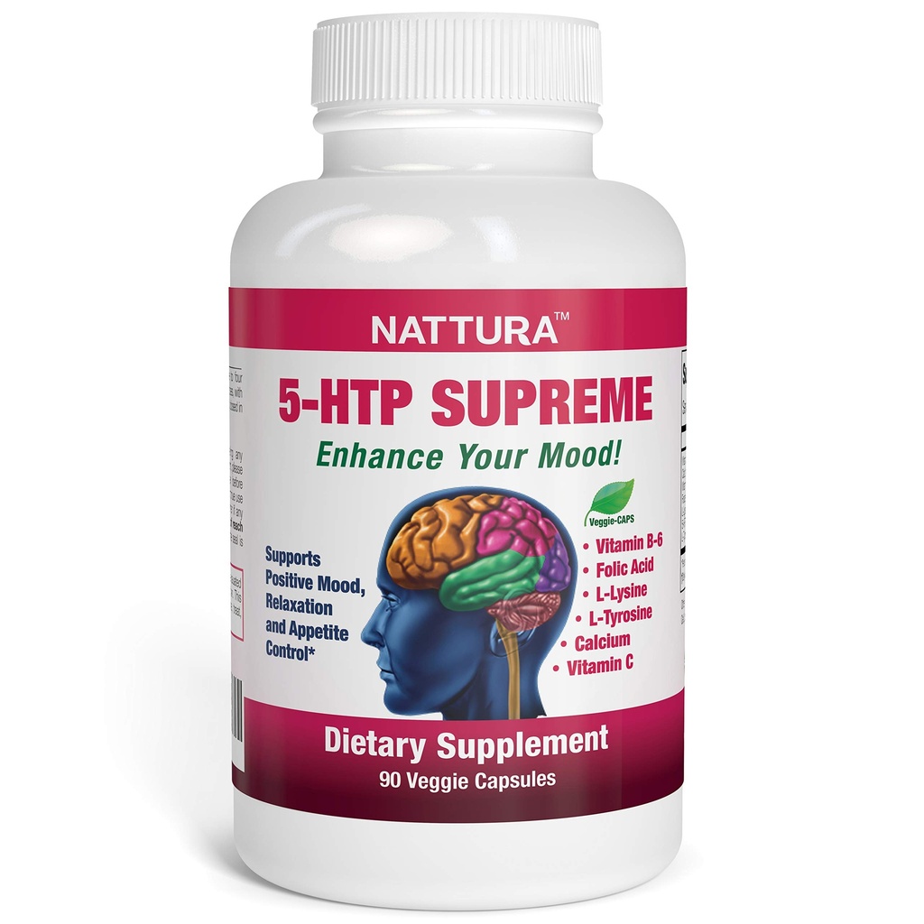 Nattura 5-HTP Supreme - für positive Stimmung, Entspannung und Appetitkontrolle - mit 5-HTP, L-Tyrosin, L-Lysin, Vitamin B6, Folat (Folsäure), Vitamin C (Ascorbinsäure), Calcium - 90 Kapseln