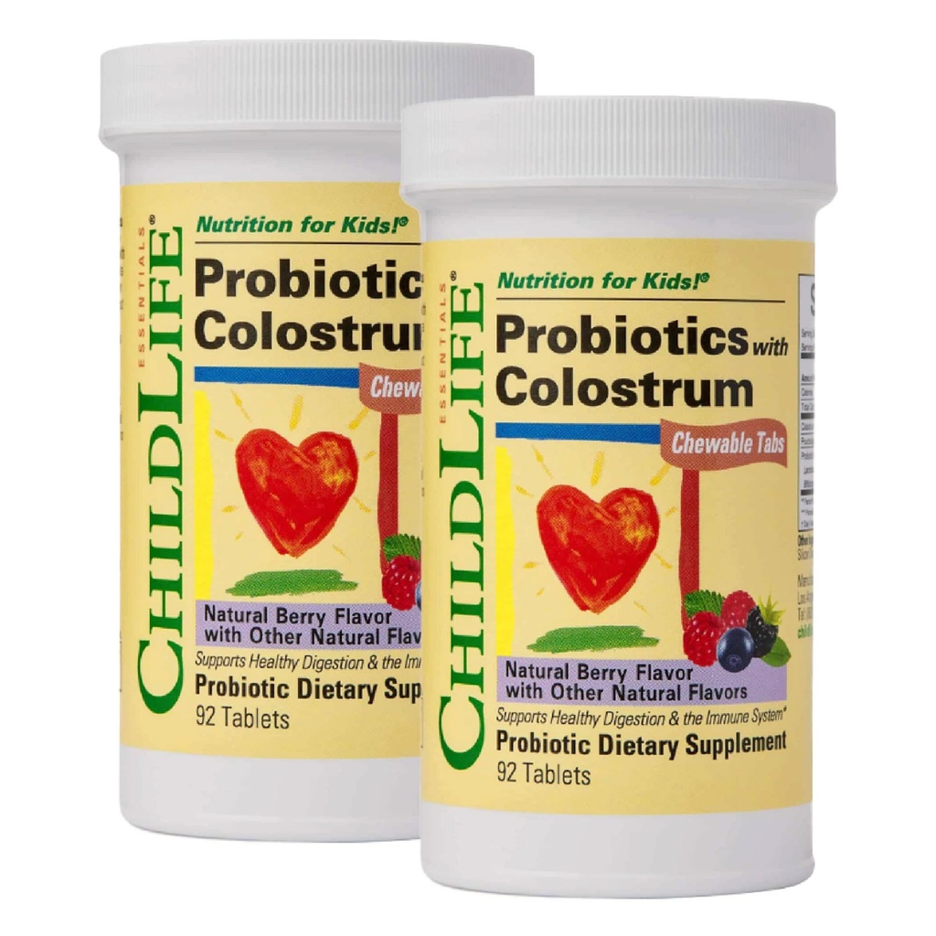 CHILDLIFE ESSENTIALS ChildBiotics with Colostrum - Probiotics for Kids, Chewable Children's for Digestive Health - Natural Berry Flavor, 92 Tablets (Pack of 2)