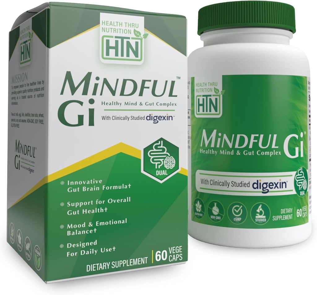 Health Thru Nutrition Mindful GI - Gesunder Geist & Gut Complex | mit Digexin, Magnesium, L-Glutamin und Probiotikum für Gut-Brain Axis Support | Regularity, Bloating, Calmness Supplement
