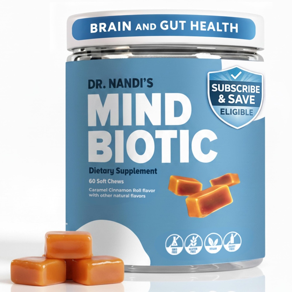 Dr. Nandi's MindBiotic Brain & Digestive Health Supplement - KSM-66 Ashwagandha, Probiotics & Prebiotics - Unterstützt Gedächtnis, Fokus, Energie & Gut-Brain Verbindung - 300MG - 60 Caramel Cinnamon Chews