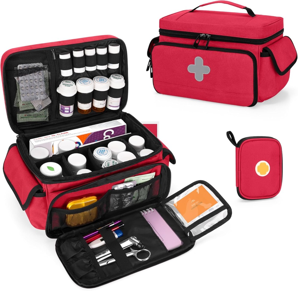 CURMIO Medizin Aufbewahrungstasche Leere, abschließbare Pillen Flasche Organizer mit tragbaren Reißverschluss Pouches für Erste Hilfe Kits, Medizin Box für Zuhause und Reisen, Rot (Patent Pending)