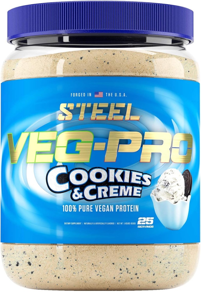 Stahlergänzungsmittel Veg-PRO | Vegan Protein Pulver, Cookies und Creme | 25 Servierungen (1.65lbs) | Proteinpulver mit BCAA Aminosäure | Non GMO | Non Dairy | Low Carb Formula