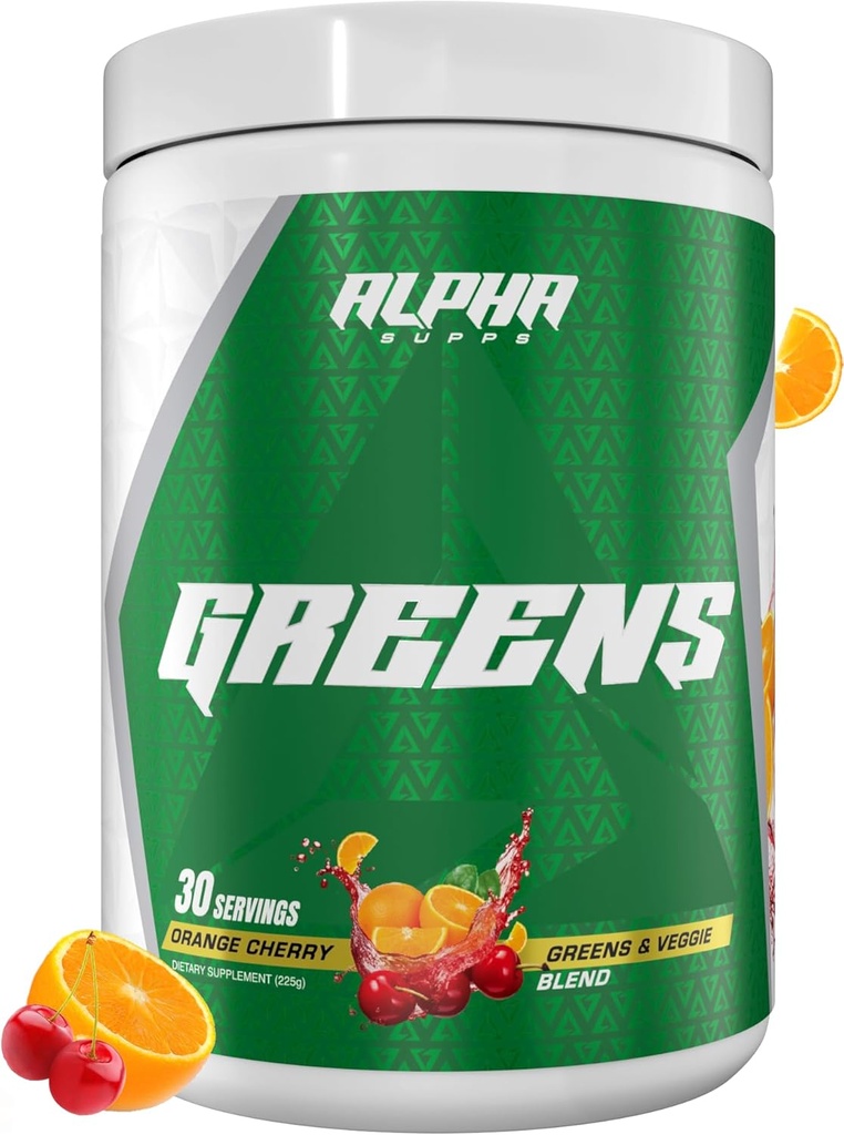 Alpha Supps - Alpha Greens Supplement | Obst & Gemüse Superfood Pulver | Über 40 Natürliche pflanzliche Inhaltsstoffe | Prebiotic & Probiotic Digestive Support Blend - 30 Portionen (Orange Cherry)