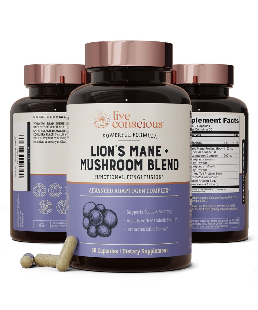 Live Conscious Lions Mane Mushroom Supplement Kapseln für Gehirnunterstützung w/Lion's Mane, Cordyceps, Reishi und Türkei Tail Mushrooms - Kognitive Memory Supplement für Gehirn
