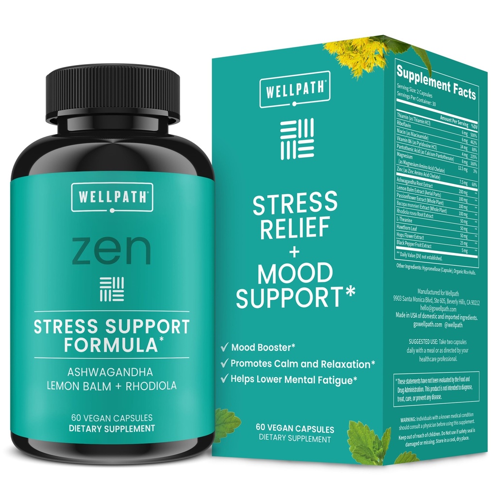 WellPath Zen Stress Relief Supplement + Mood Unterstützung | ruhig, Stress & Energie Unterstützung | Ashwagandha Wurzel, Rhodiola Rosea, L-Theanine, Lemon Balm | Kräuterkapseln, 60 Ct