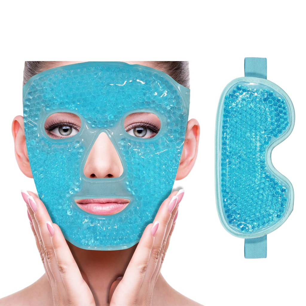 ZNÖCUETÖD Cooling Ice Face Eye Maske zur Reduzierung von Puffiness, Taschen unter Augen,Sinus,Redness,Pain Relief,Dark Circles, Migraine,Hot/Cold Pack mit Soft Plüschunterlage (Blue(1* Eye Mask+1*Face Mask))