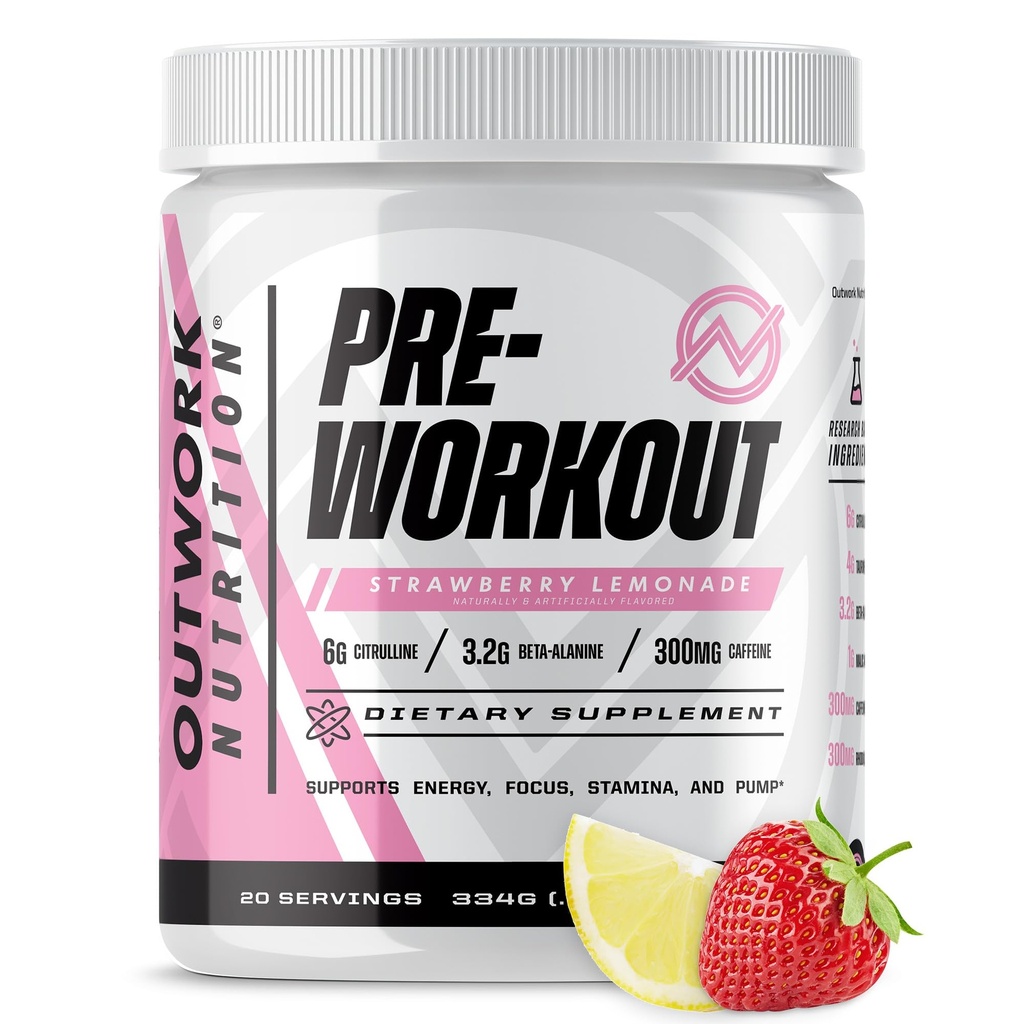 Outwork Nutrition Preworkout für Männer und Frauen - Nootropic Pre Workout ohne Kreatin, Pre-Workout Pulver mit Taurine Rhodiola Citrulline Malate Beta Alanine Caffeine (Strawberry Lemonade)