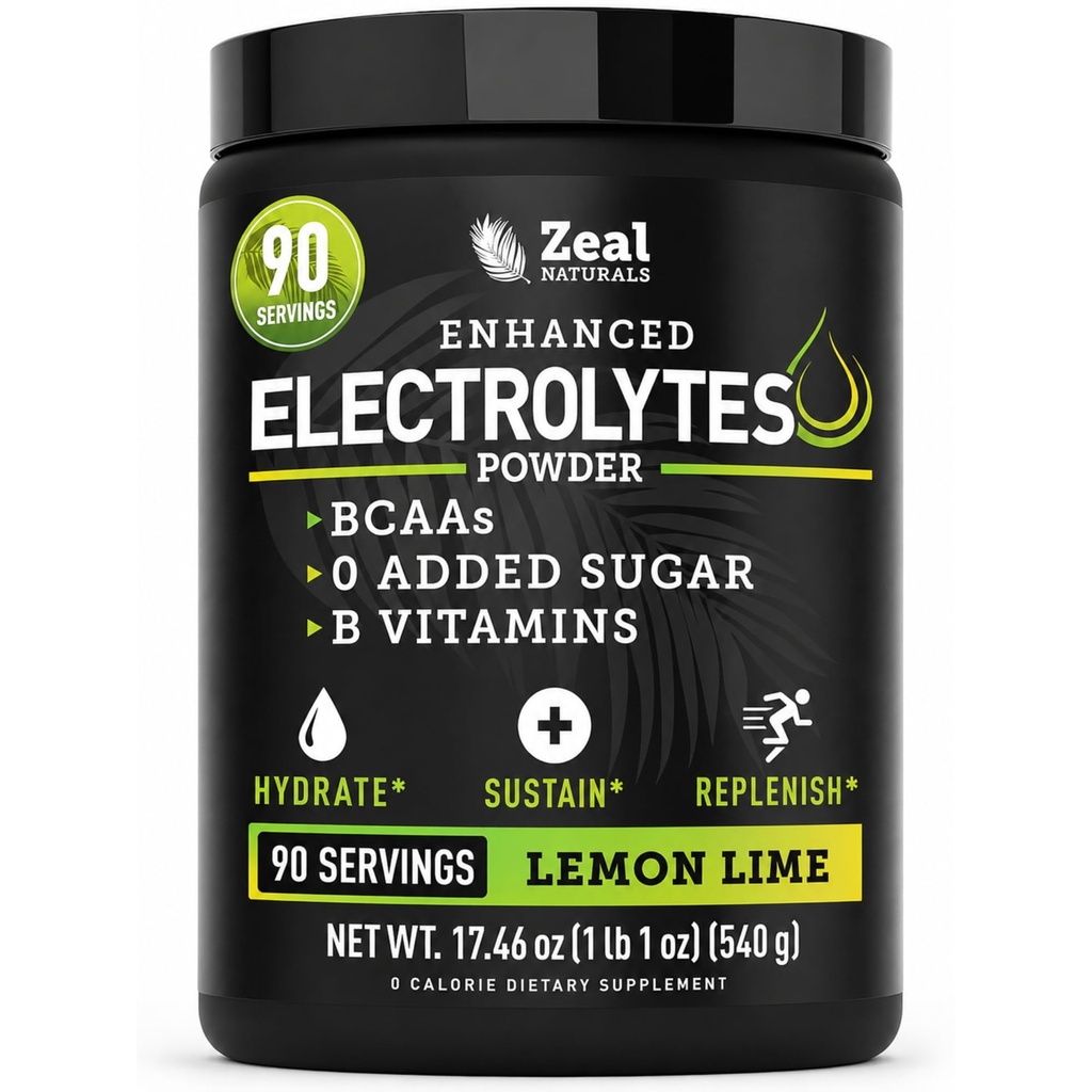 Zeal Naturals Elektrolyt Pulver Erholungsgetränk (90 Servierungen | Lemon Lime) w 0 Zucker + BCAAs +B-Vitamine Elektrolyt Ergänzung mit Kalium Zink & Magnesium für Hydration - Keto Elektrolyte