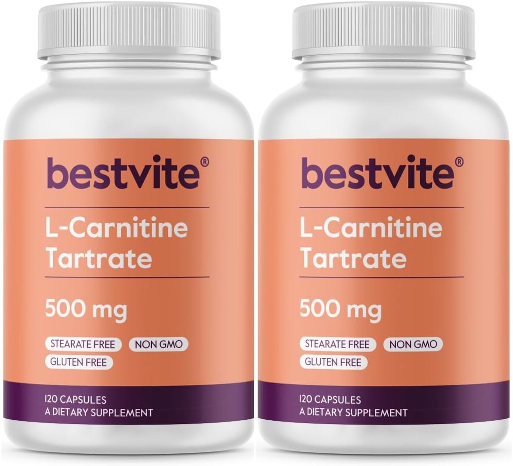 BESTVITE L-Carnitine Tartrate 500mg per Capsule (240 Capsules)(120x2) - No Stearates - Non GMO - Gluten Free